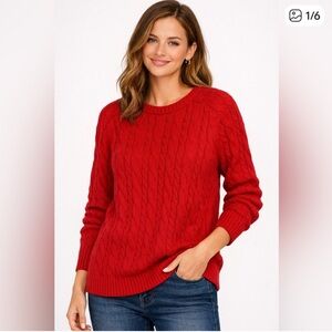 NWOT Lands' End Bright Red Cable-Knit Crewneck Sweater 100% Cotton